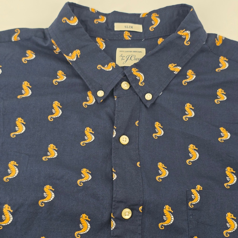J.Crew Seahorse Print Shirt Mens XL Navy Blue Slim Fit Short Sleeve Cotton